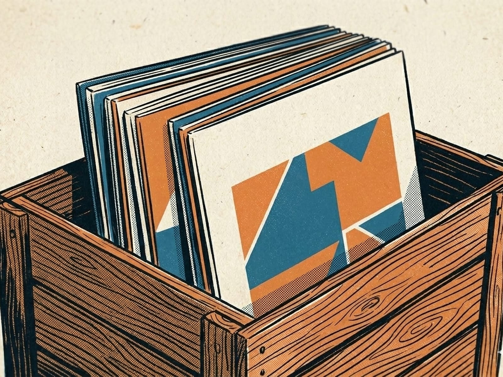 Illustration of LP sleeves in a wooden record-store bin